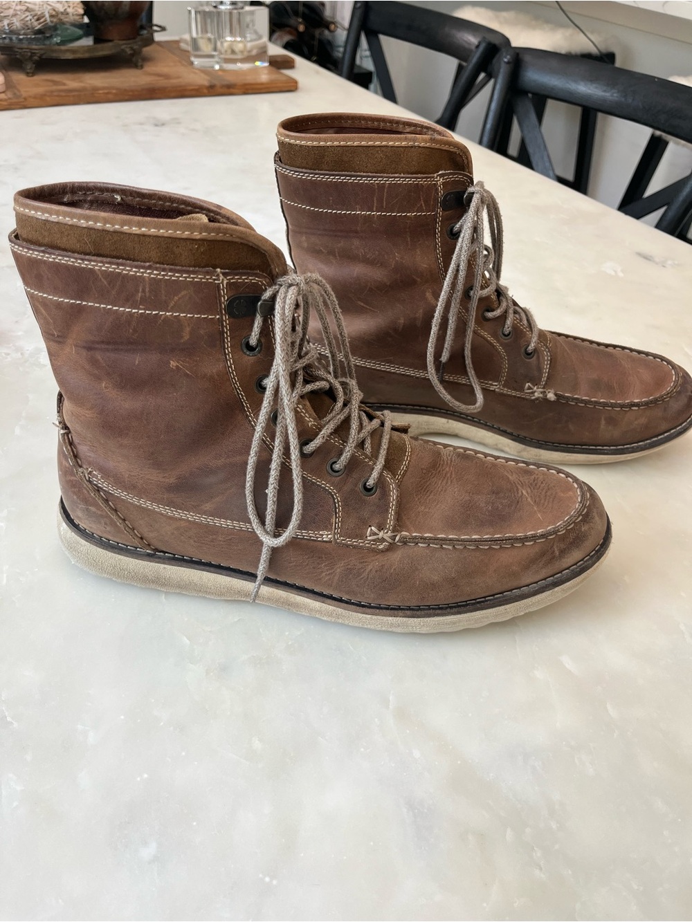 Brown Leather Lace-Up Moc Toe Boots for Men